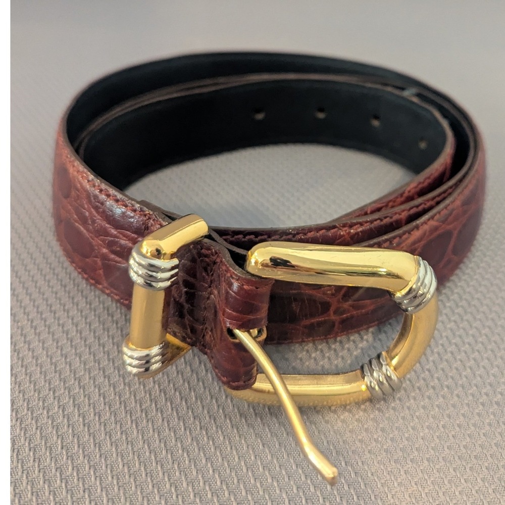 VTG Elisabeth Liz Claiborne Burgundy Genuine Leather Belt Two Tone Buckle Size 3